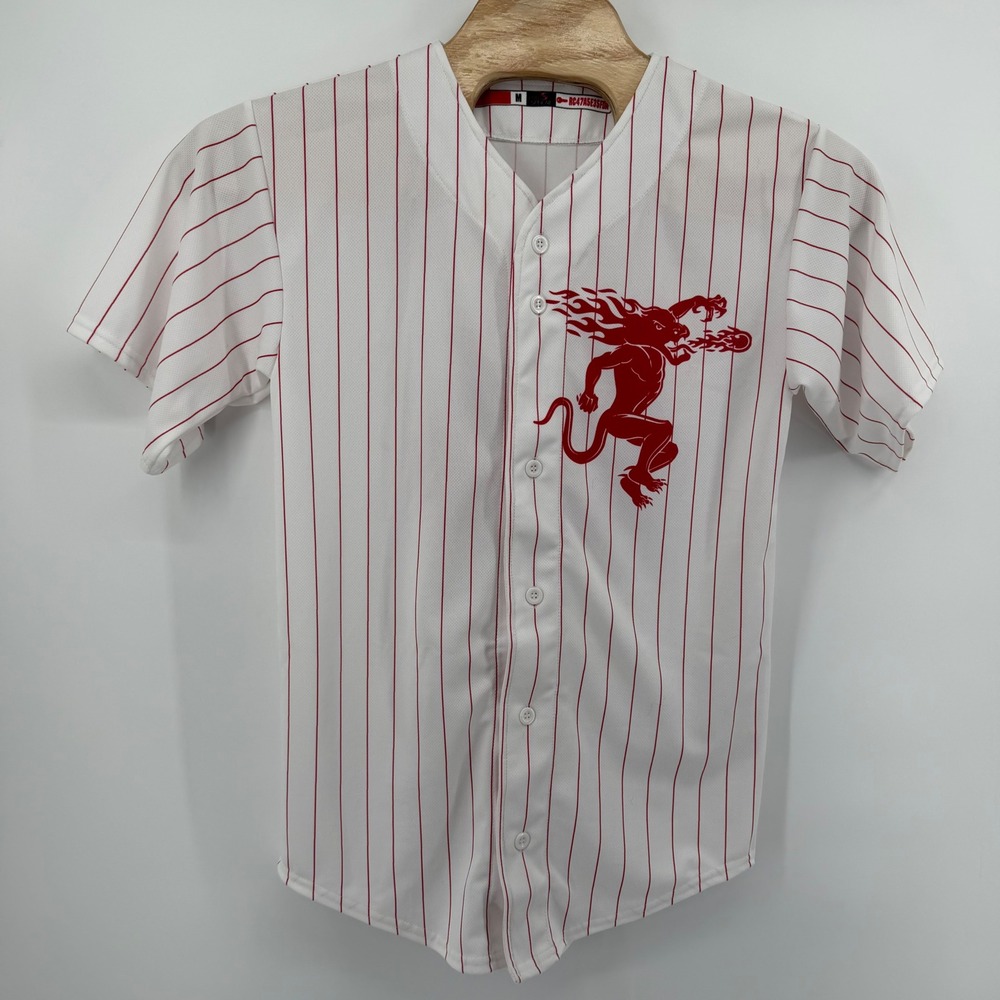 Fireball whiskey ProSphere Baseball Jersey Mens Medium 66 White & Red Pinstripe
